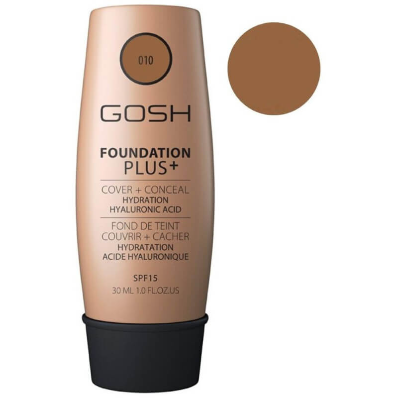 Foundation Plus+ GOSH 30ML, kleurnummer 10 Tan met een extreem dekkende foundation.
