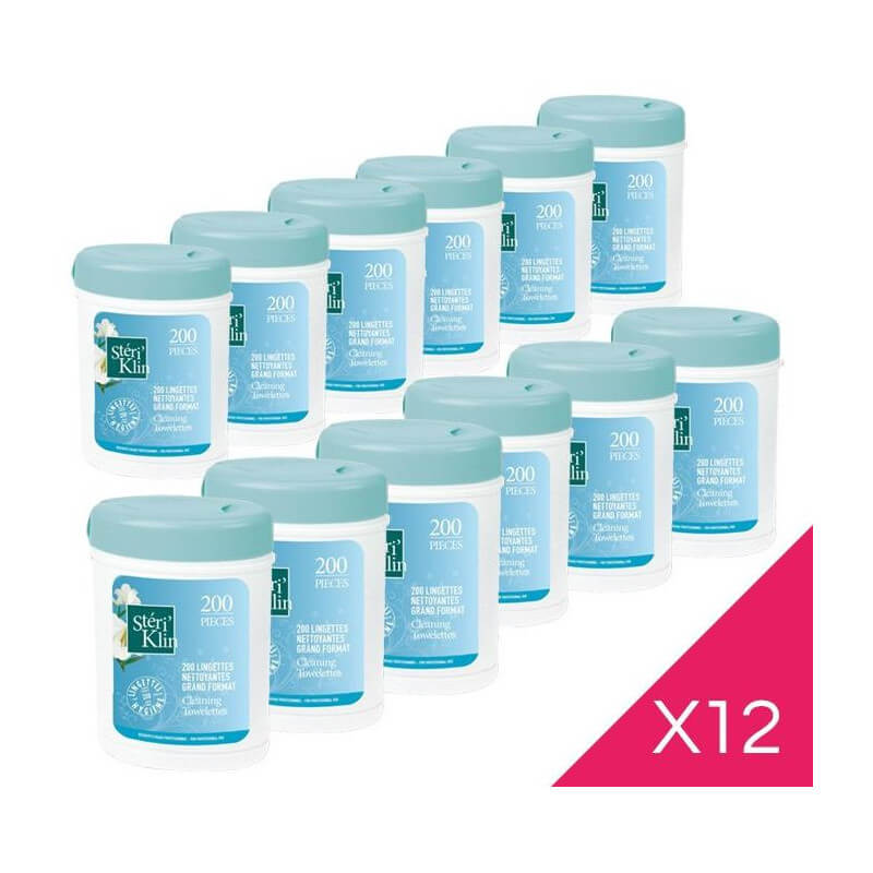 12 dozen met 200 desinfecterende doekjes van Steriklin. 12 dozen met 200 desinfecterende doekjes van Steriklin.