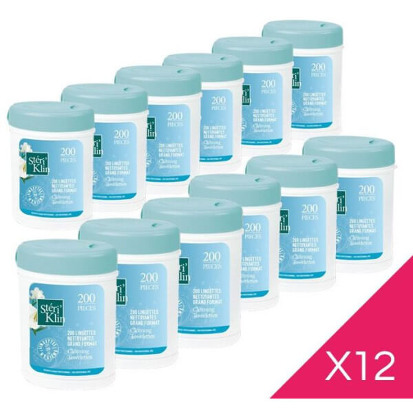 12 dozen met 200 desinfecterende doekjes van Steriklin. 12 dozen met 200 desinfecterende doekjes van Steriklin.
