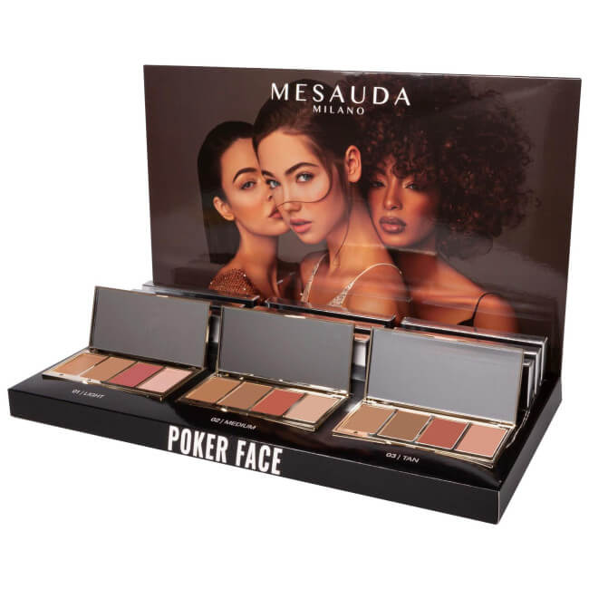 Expositor completo de maquiagem Poker Face da marca Mesauda.