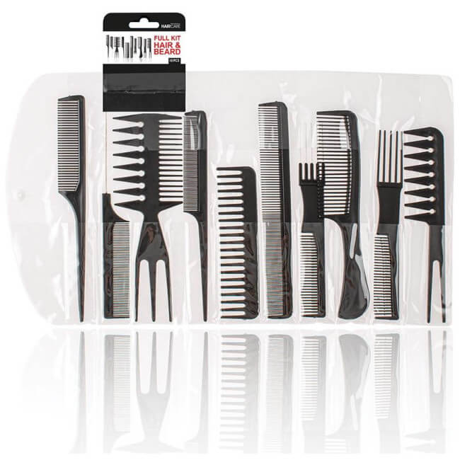 Conjunto de 10 pentes pretos para barba e cabelo.