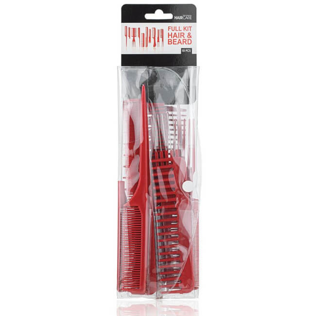 Conjunto de 10 pentes vermelhos para barba e cabelo.