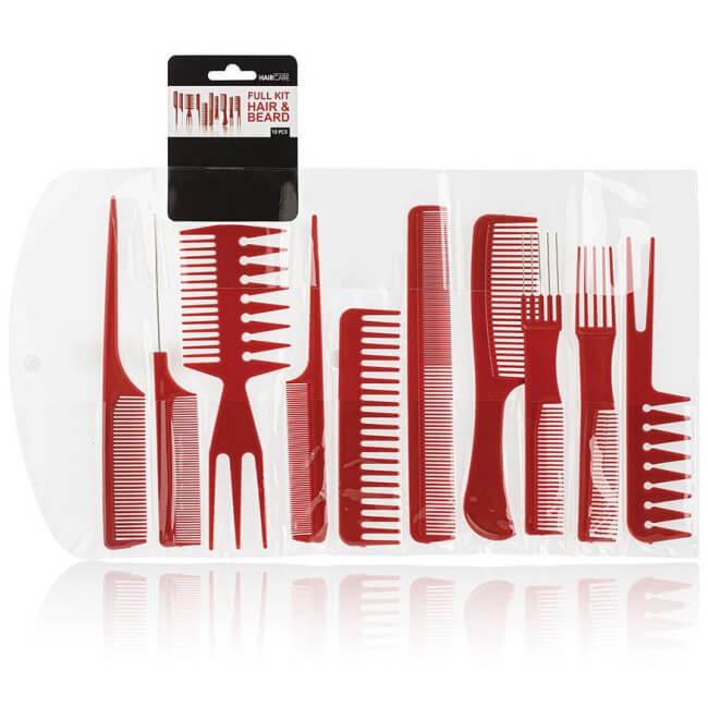 Conjunto de 10 pentes vermelhos para barba e cabelo.