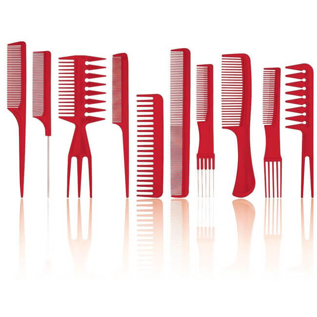 Conjunto de 10 pentes vermelhos para barba e cabelo.