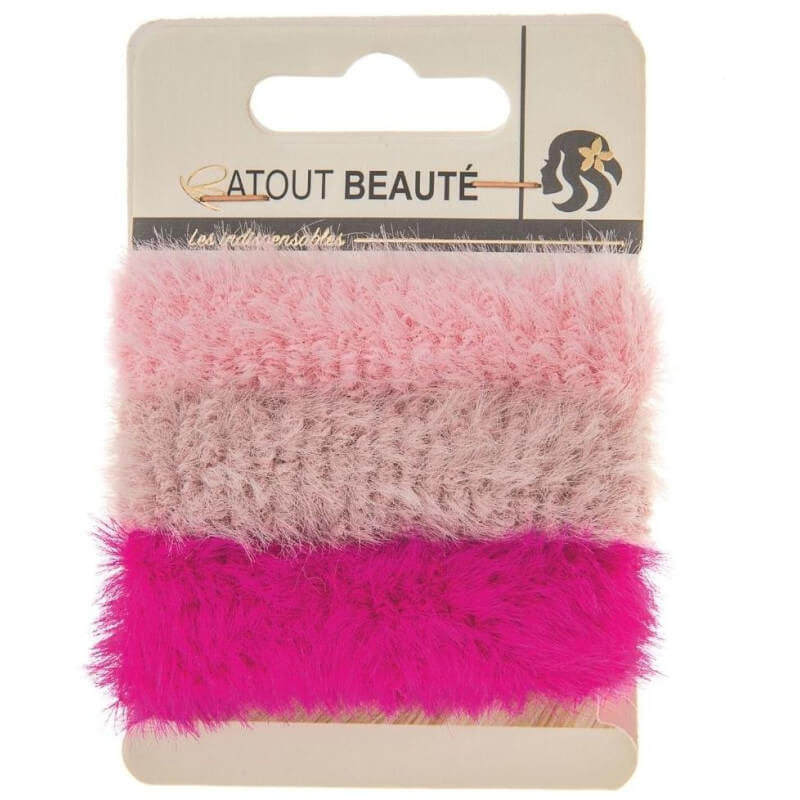 3 elásticos de cabelo cor-de-rosa, fúchsia e violeta.
