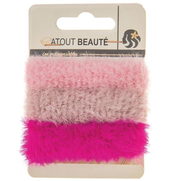 3 elásticos de cabelo cor-de-rosa, fúchsia e violeta.
