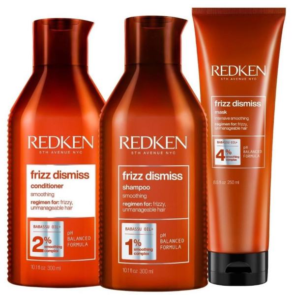 Routine anti-frisottis Frizz Dismiss Redken, pour des cheveux disciplinés, doux et brillants.