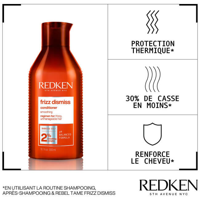 Routine anti-pluis Frizz Dismiss Redken, voor glad, zacht en glanzend haar.