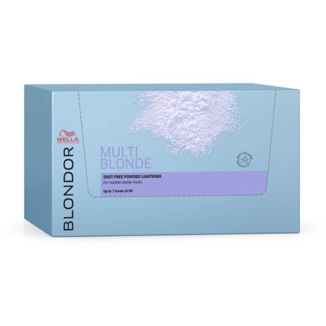 Embalagem de 12 saquetas de pó descolorante Multiblonde Powder Blond da Wella.