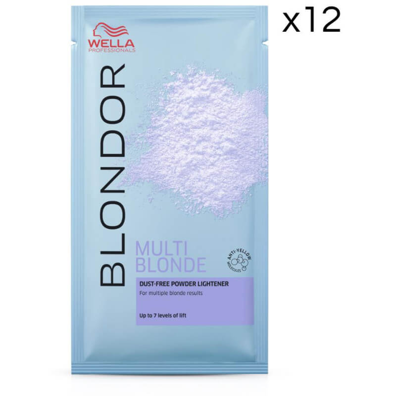 Embalagem de 12 saquetas de pó descolorante Multiblonde Powder Blond da Wella.