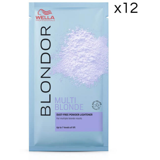 Embalagem de 12 saquetas de pó descolorante Multiblonde Powder Blond da Wella.