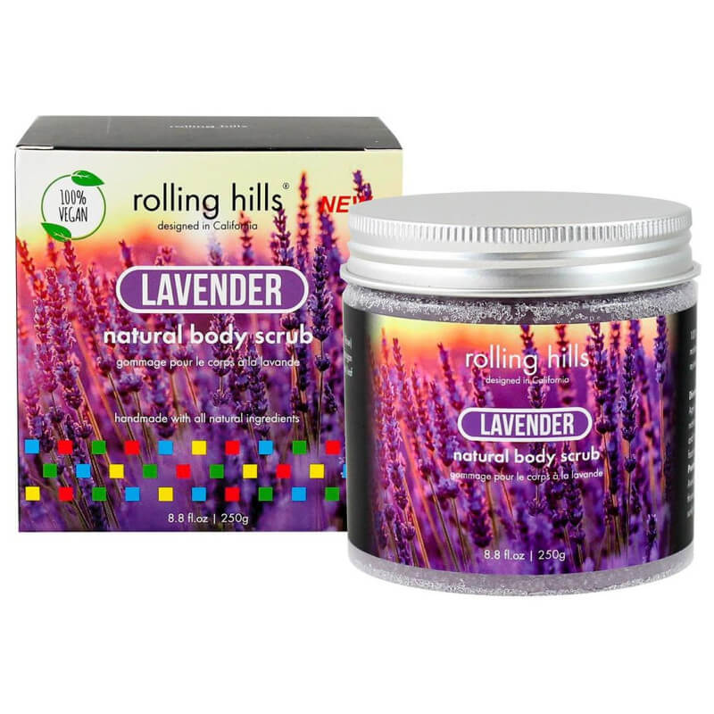 Esfoliante natural para o corpo de lavanda Rolling Hills.