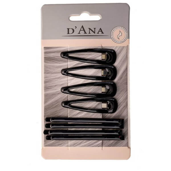 Conjunto de 4 presilhas clic-clac e 4 presilhas guiches pretas Stella Green. Conjunto de 4 presilhas clic-clac e 4 presilhas guiches pretas Stella Green.