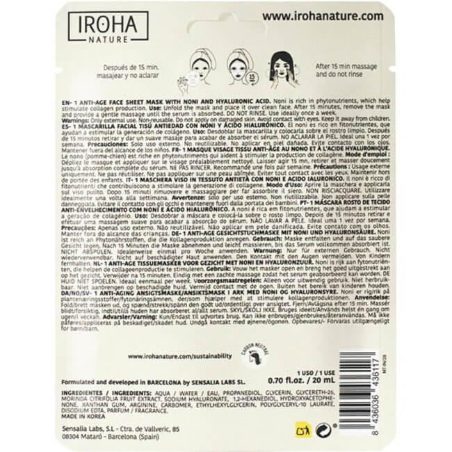 Masker voor anti-aging gezicht met Noni & Hyaluronzuur Natural Extract Iroha Nature
