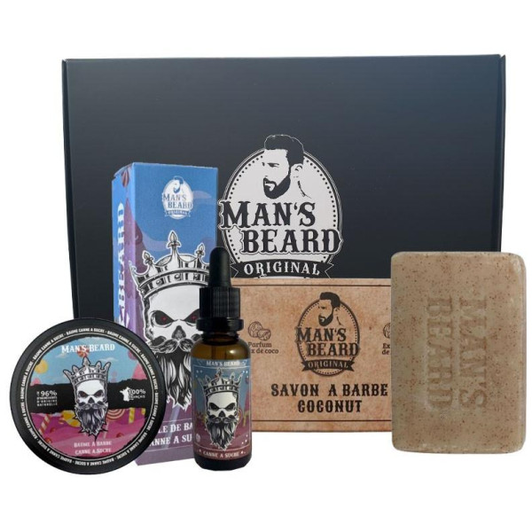 Box-Öl, Zuckerrohrbalsam + Bart-Peeling-Seife für Männer