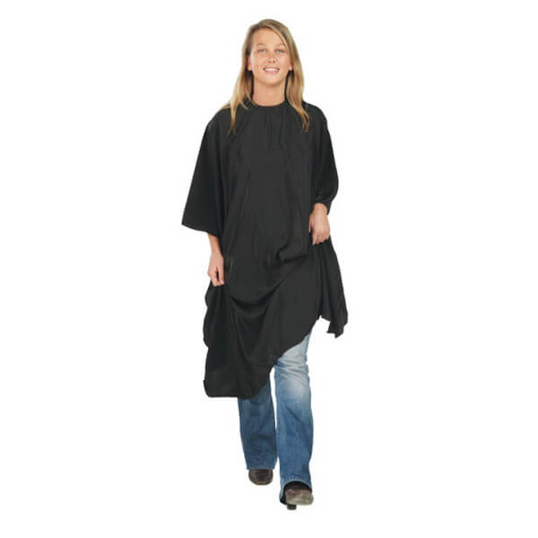 Drie zwarte mouwloze Economyss-kaftans met haaksluiting.