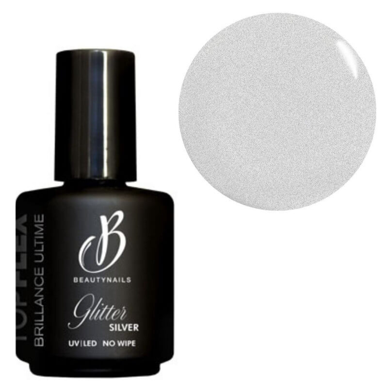 Gel de acabamento Top Flex glitter prata BeautyNails 15ML