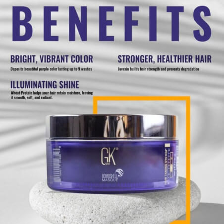 Masker Bombshell Lavendel GK Hair 200 gr, dat het haar opnieuw kleurt.