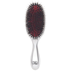Cepillo para extensiones de pelo plateado con cerdas mixtas.