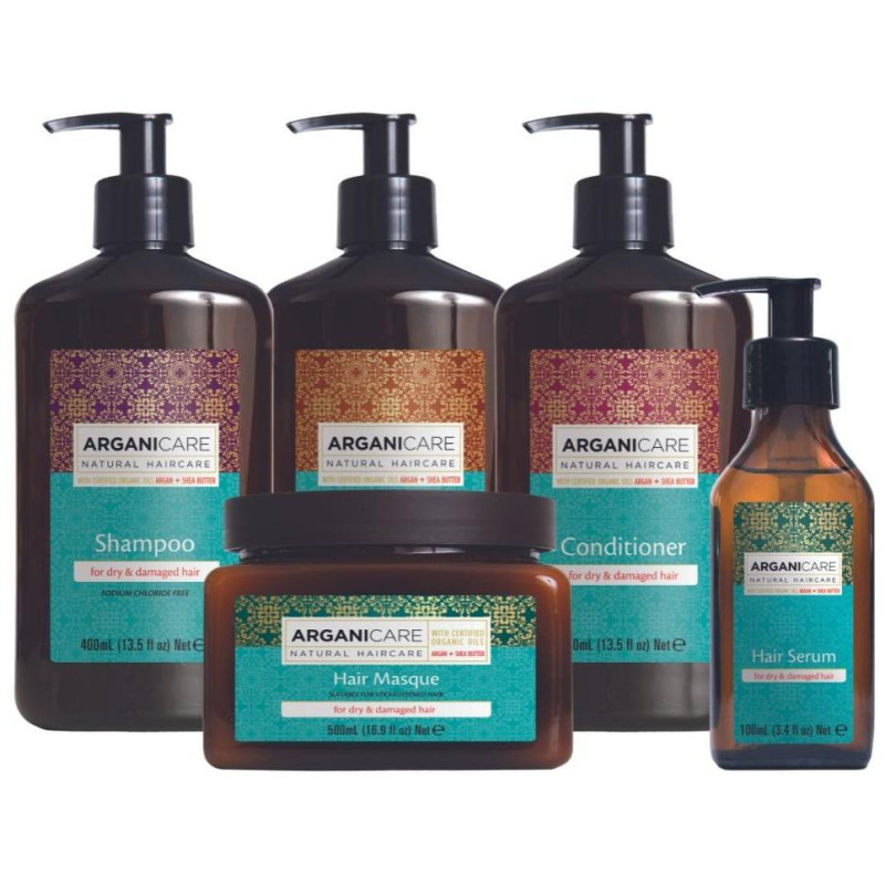 Set including shampoo + conditioner + mask + serum + leave-in moisturizing protective treatment with Argan Arganicare