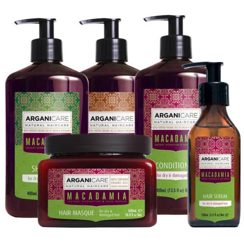 Coffret mit Shampoo + Conditioner + Maske + Serum + Leave-In Pflegecreme ohne Ausspülen Macadamia Arganicare