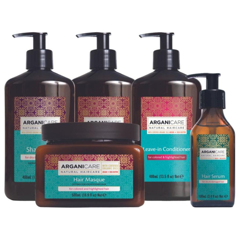 Set including shampoo, conditioner, hair mask, serum, and leave-in moisturizing treatment for colored hair Arganicare
