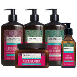 Coffret com champô + amaciador + máscara + sérum + Tratamento sem enxaguamento Queratina Arganicare