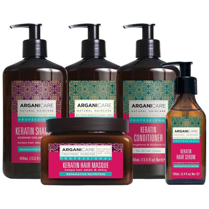 Coffret com champô + amaciador + máscara + sérum + Tratamento sem enxaguamento Queratina Arganicare