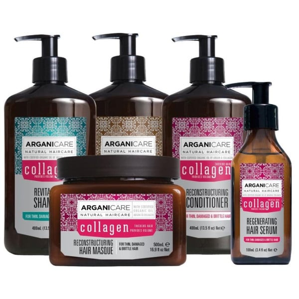 Coffret shampoing + après-shampoing + masque + sérum + crème de soin sans-rinçage Collagène Arganicare
