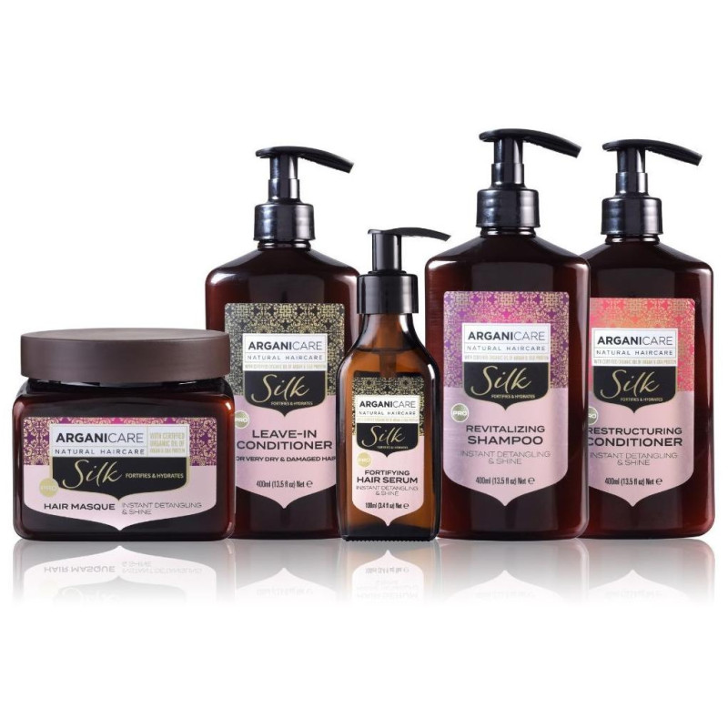 Set containing shampoo, conditioner, mask, serum, and leave-in treatment Silk Arganicare