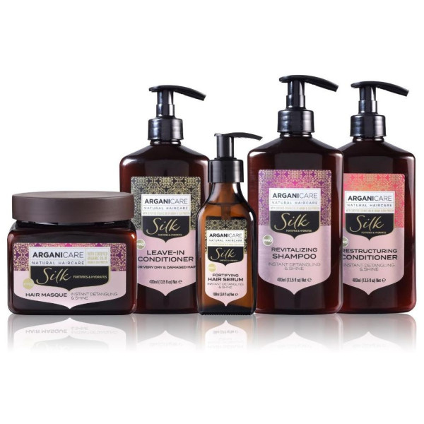 Set containing shampoo, conditioner, mask, serum, and leave-in treatment Silk Arganicare