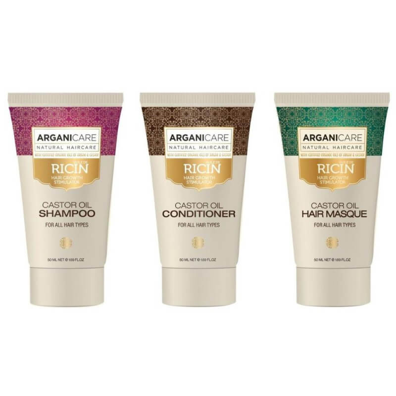 Coffret champô + amaciador + máscara em formato de viagem 50ml Ricin Arganicare