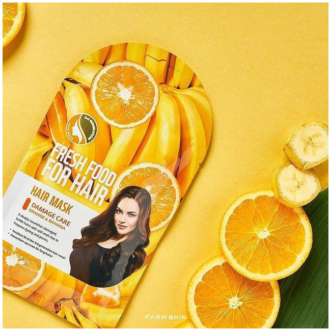 Super Food Farm Skin Mascarilla para el cabello con gorro de naranja y plátano