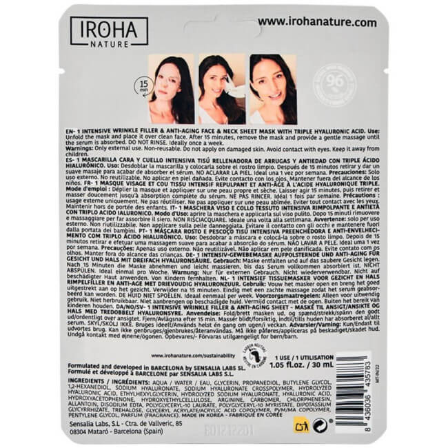 Masque preenchedor anti-envelhecimento para rosto e pescoço com ácido hialurônico Iroha Nature