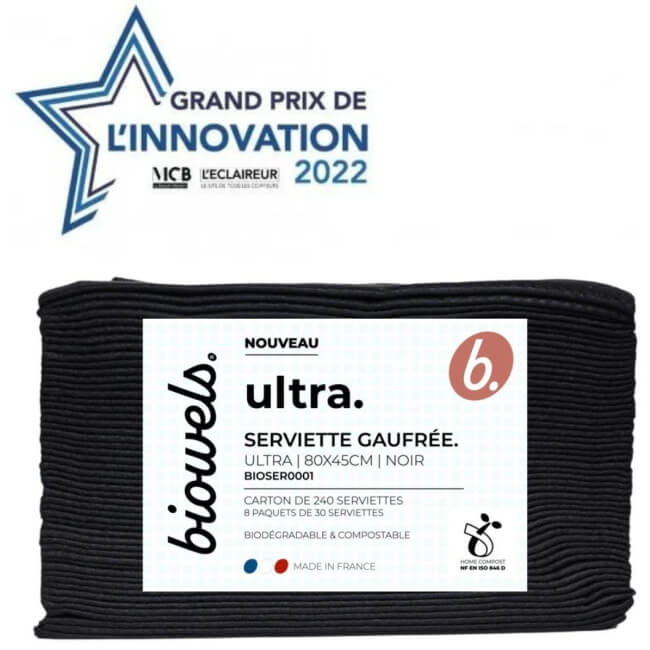 Serviettes gaufrées noires biodégradables et compostable Biowels lot de 30