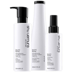 Trio de champô, tratamento e sérum de tónico Izumi da marca Shu Uemura.