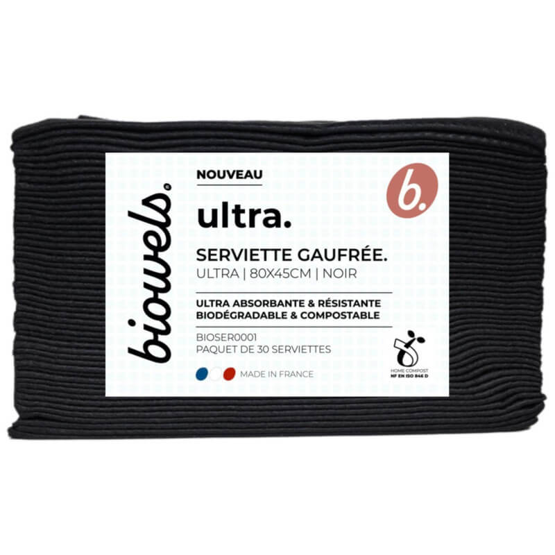 Serviettes gaufrées noires biodégradables et compostable Biowels lot de 30
