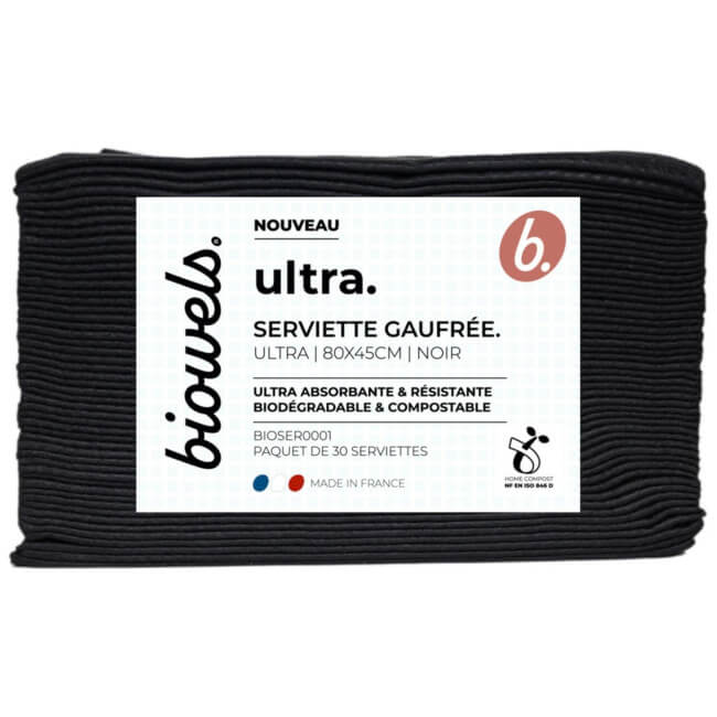 Serviettes gaufrées noires biodégradables Ultra Biowels lot de 30