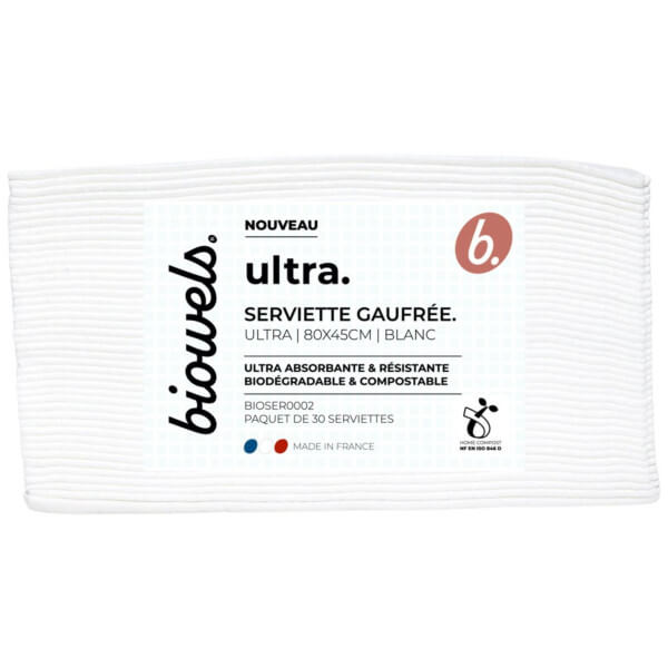 Toalhas brancas biodegradáveis com textura em relevo Ultra Biowels, pacote com 30. Toalhas brancas biodegradáveis com textura em relevo Ultra Biowels, pacote com 30.