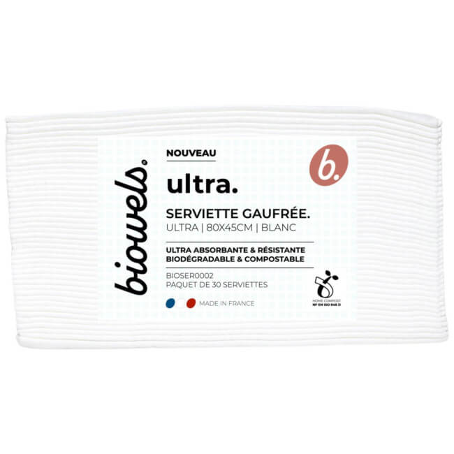 Serviettes gaufrées blanches biodégradables Ultra Biowels lot de 30