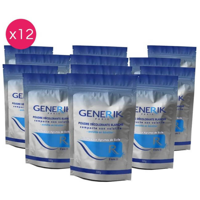 Pacote com 12 pós descolorantes com queratina GENERIK 500g.
