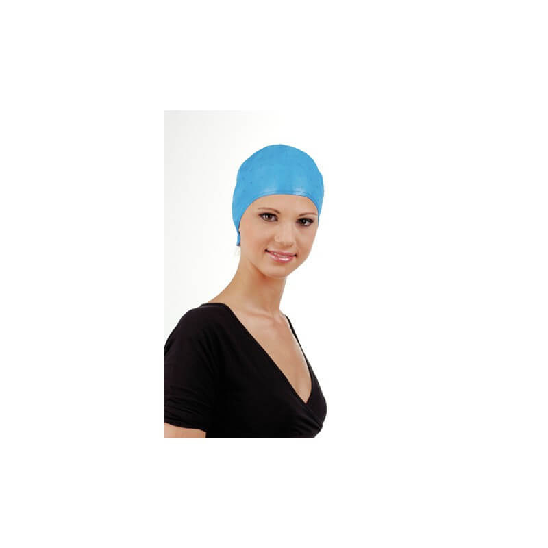 Gorro com mechas de borracha azul.