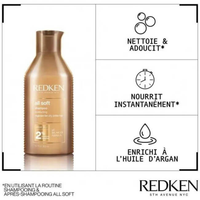 Routine hydratante cheveux secs All Soft Redken