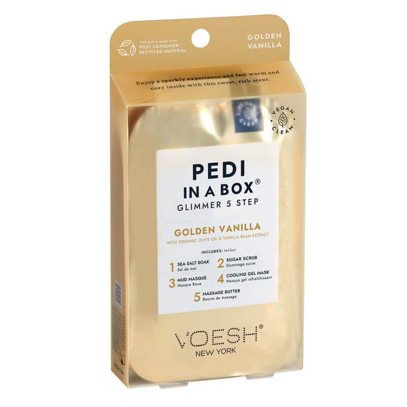 Cuidados com os pés 5 etapas Baunilha dourada Pedi in Box Glimmer VOESH