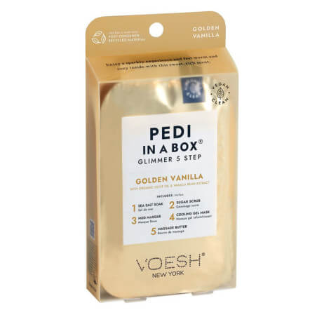 Cuidados com os pés 5 etapas Baunilha dourada Pedi in Box Glimmer VOESH