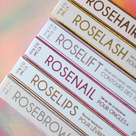Set van serums voor wimpers, wenkbrauwen, lippen, haar, nagels, ogencontour ROSEBOX Rosegold Paris.