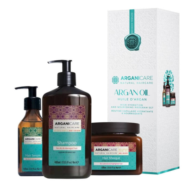 Coffret shampoing +après-shampoing +masque + sérum + Soin hydratant protecteur sans-rinçage Argan Arganicare