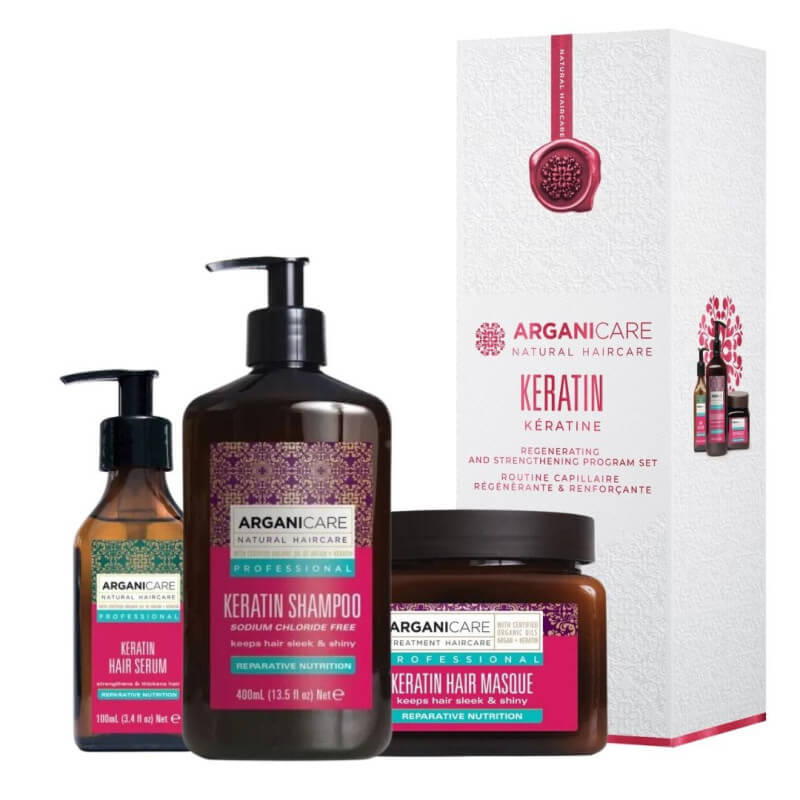 Coffret shampoing + après-shampoing + masque + sérum +Soin sans-rinçage Kératine Arganicare