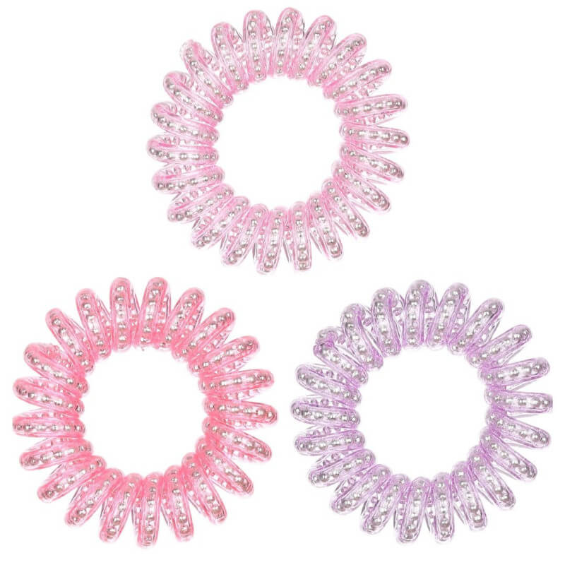 3 elastische haarbanden in de kleuren groen, roze en paars.