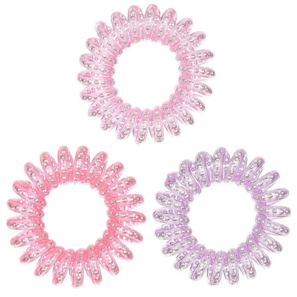 3 elastische haarbanden in de kleuren groen, roze en paars.